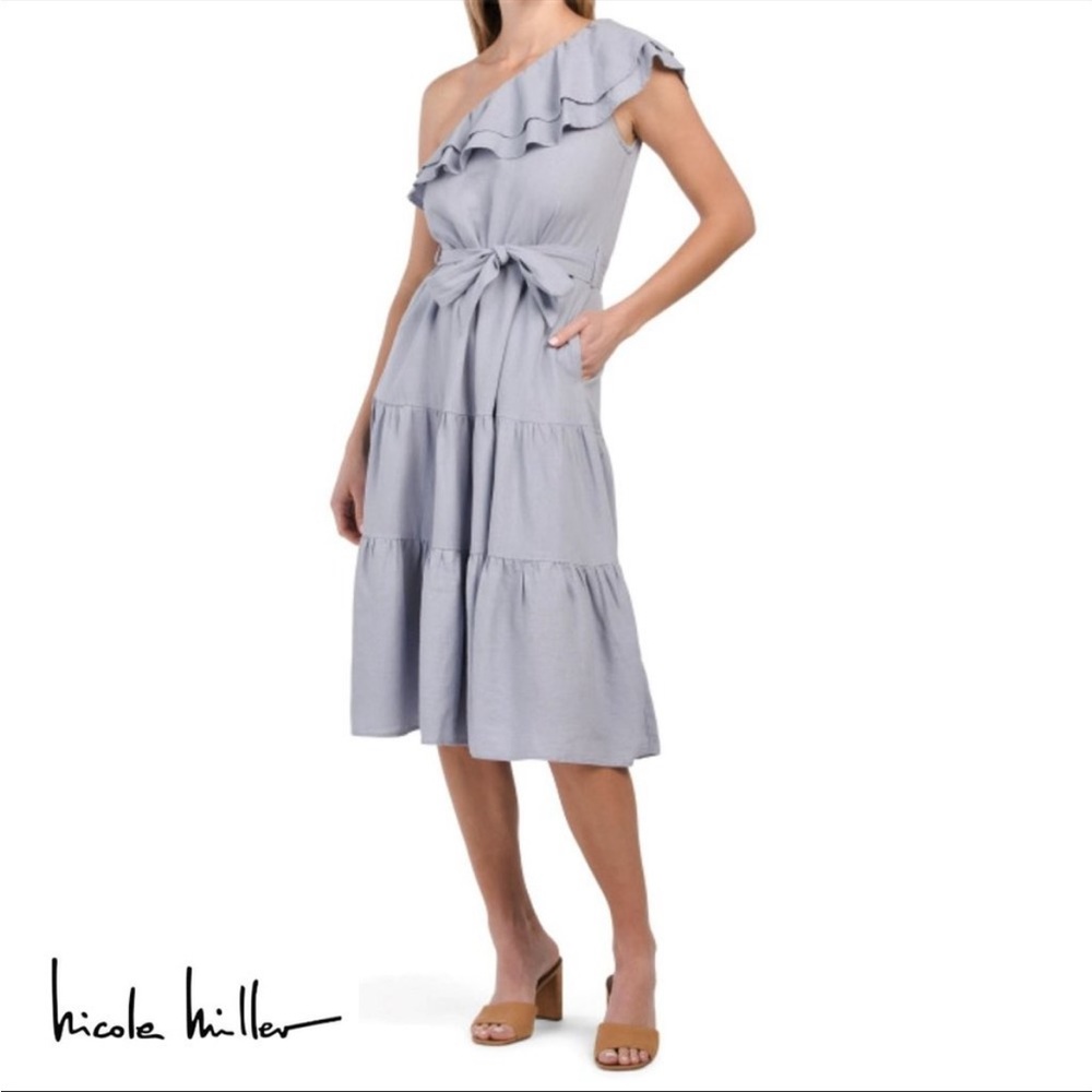 Nicole Miller One Shoulder Ruffle Linen Blend Dress